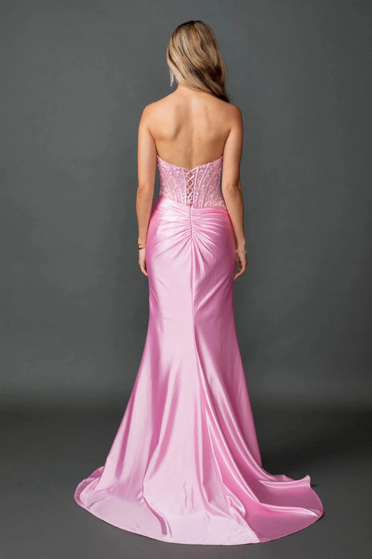 Back full Length view of Playful Pink Strapless Satin Prom Dress with Slit