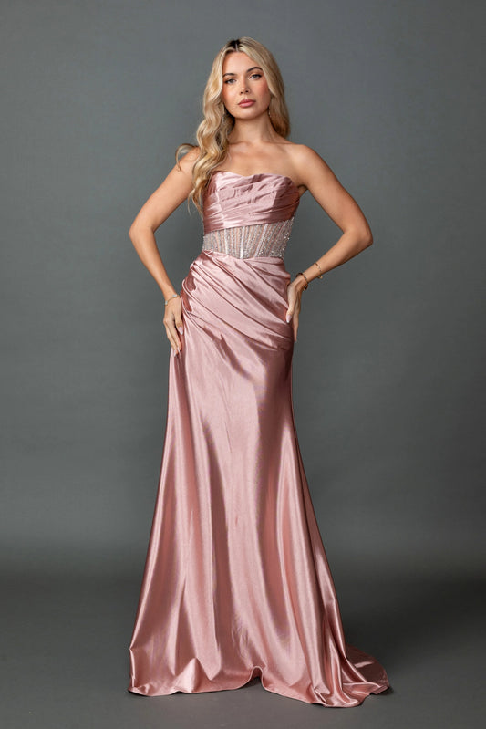 Featuring a floor-length skirt, this Rose Gold prom dress is shown in full view.
