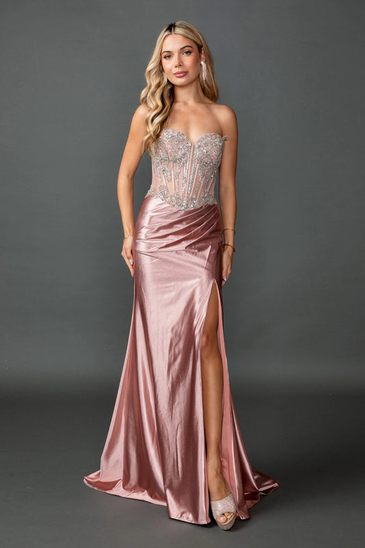 Featuring a floor-length skirt, this Rose Gold prom dress is shown in full view.