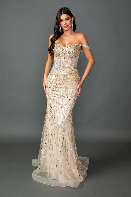 Featuring a floor-length skirt, this Champagne prom dress is shown in full view.
