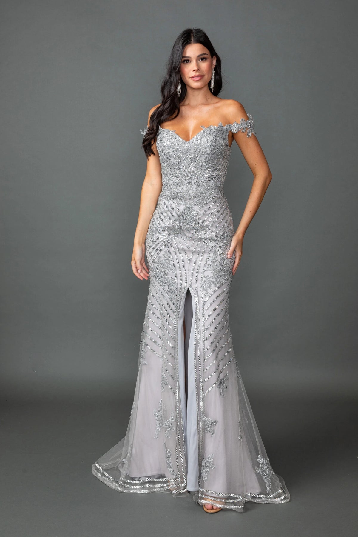 Featuring a floor-length skirt, this Silver prom dress is shown in full view.