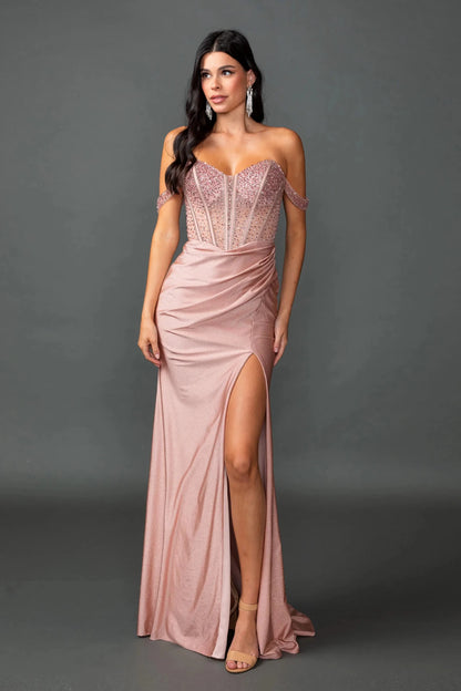 Woman in Rose gold off-shoulder prom dress with embellished corset and slit skirt.