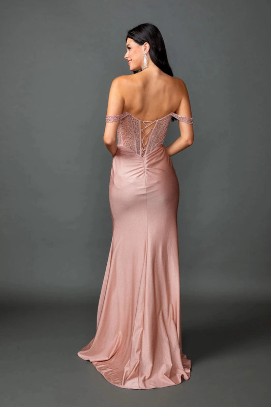 Back full Length view of Luxurious Rose Gold Off-Shoulder Corset Prom Dress with Slit