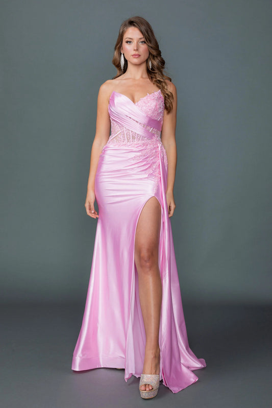 Featuring a floor-length skirt, this Pink prom dress is shown in full view.