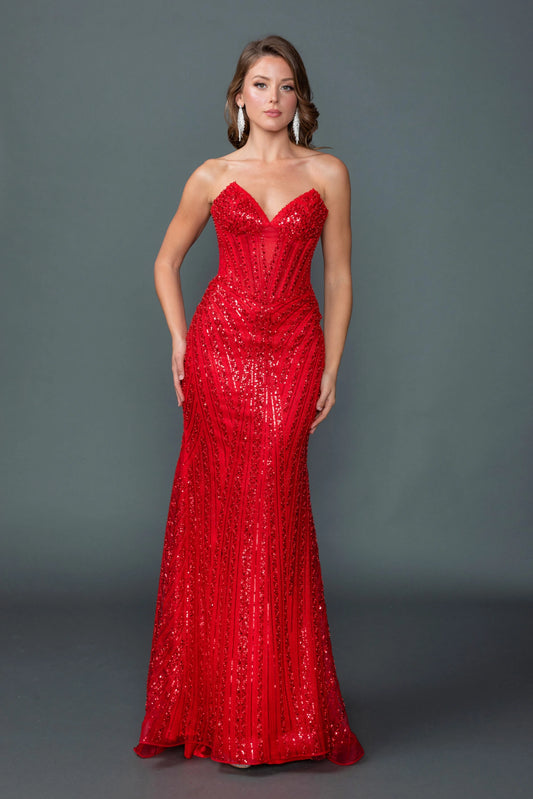 Featuring a floor-length skirt, this Red prom dress is shown in full view.