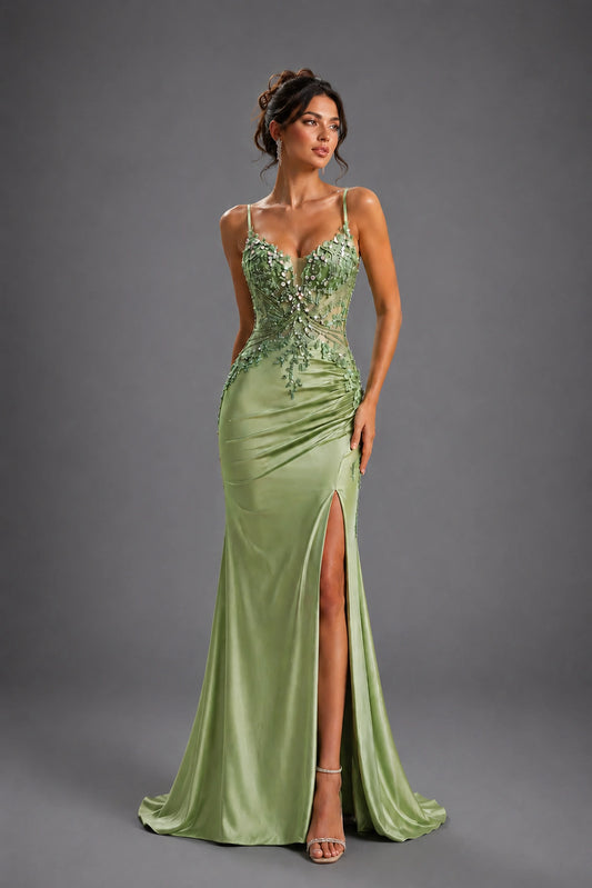 Featuring a floor-length skirt, this Sage prom dress is shown in full view.
