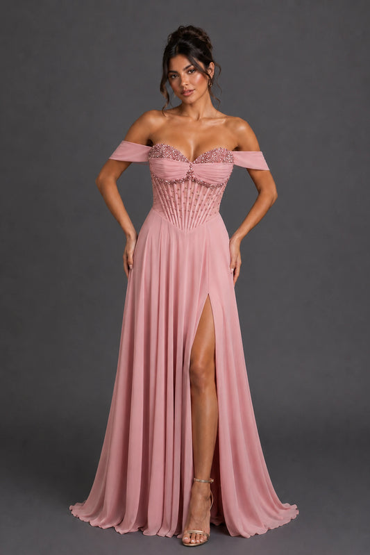 Featuring a floor-length skirt, this Blush prom dress is shown in full view.