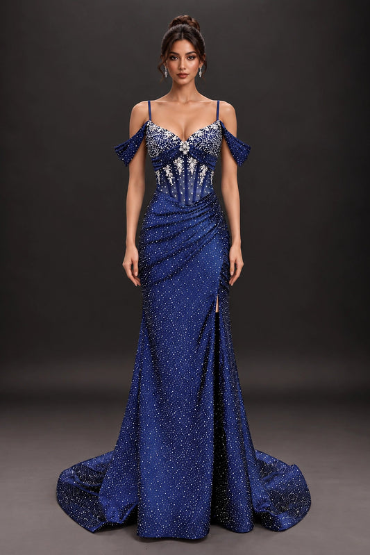 Featuring a floor-length skirt, this Navy prom dress is shown in full view.