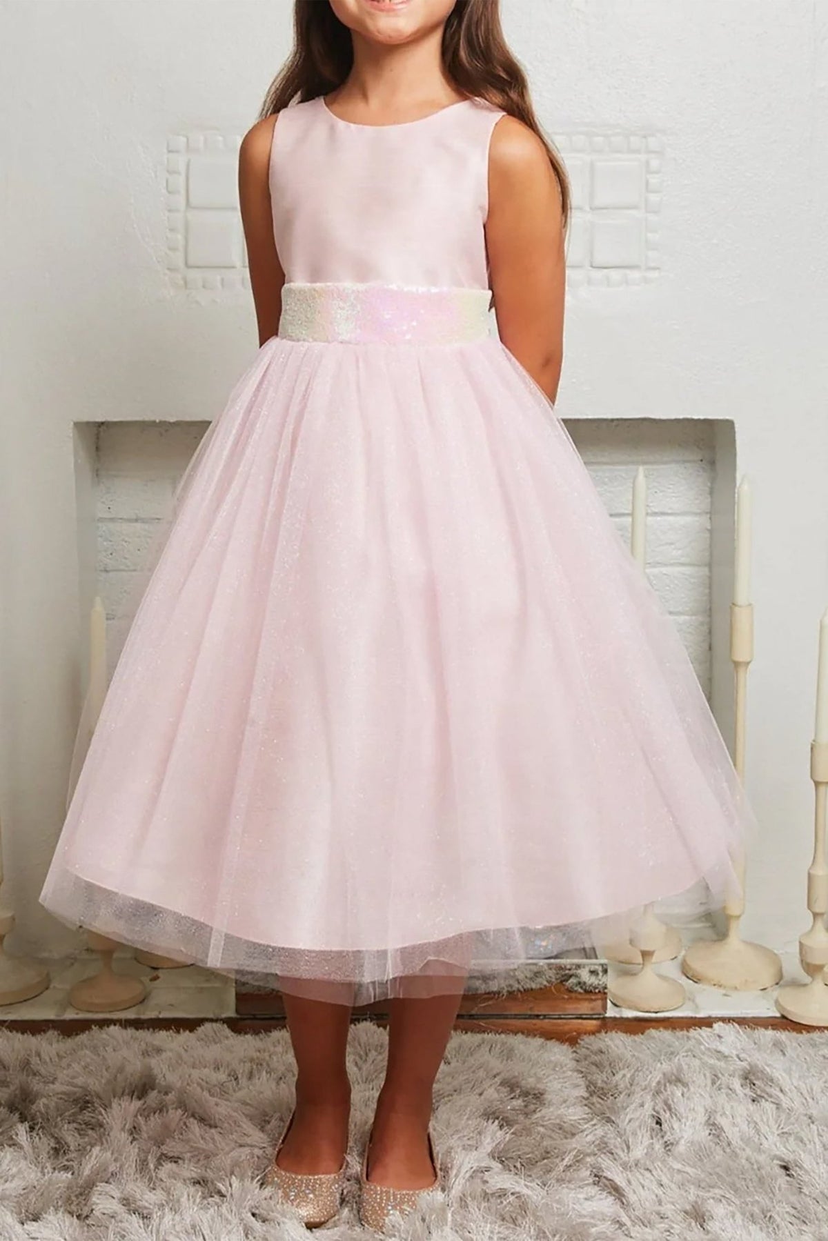 Front view of Blush Sequin V-Back Tulle flower girl dress with detachable Ribbon pin.
