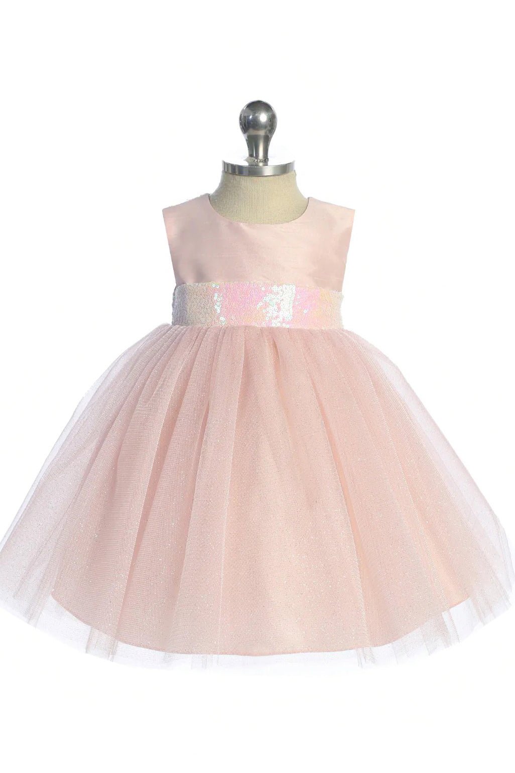 Pink tulle flower girl dress with a sequined belt.