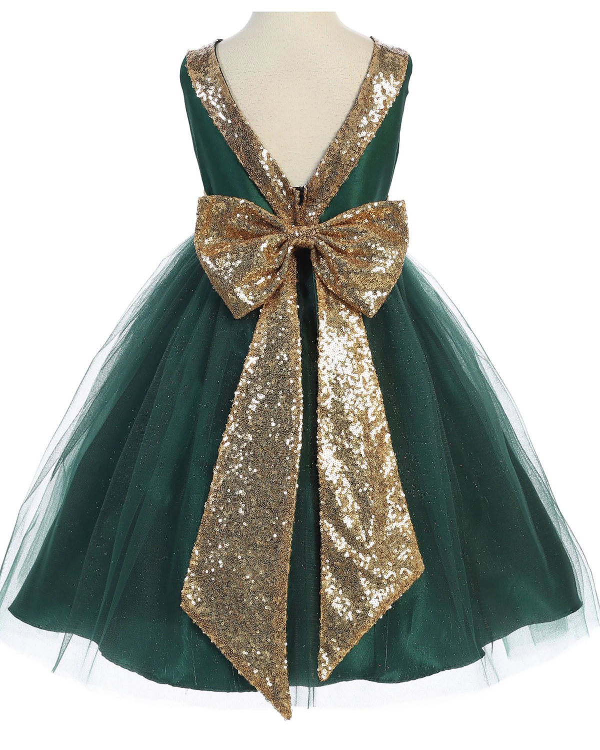 Green flower girl dress with a large gold sequin bow.