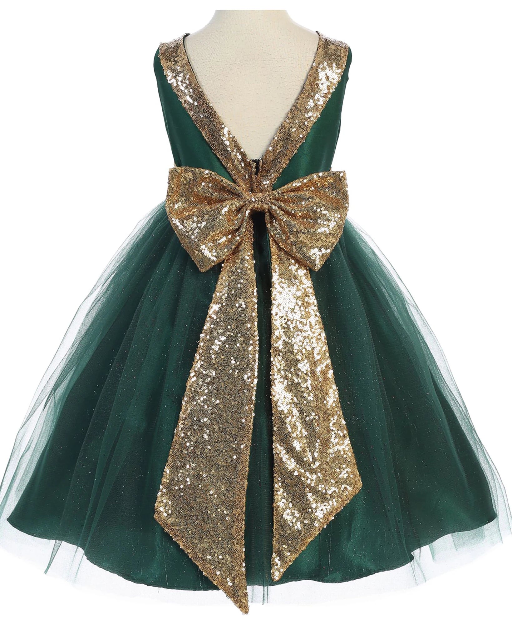 Green flower girl dress with a large gold sequin bow.