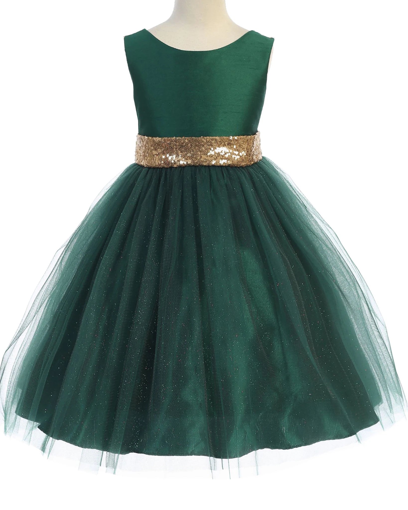 Green flower girl dress with a gold sequin belt.