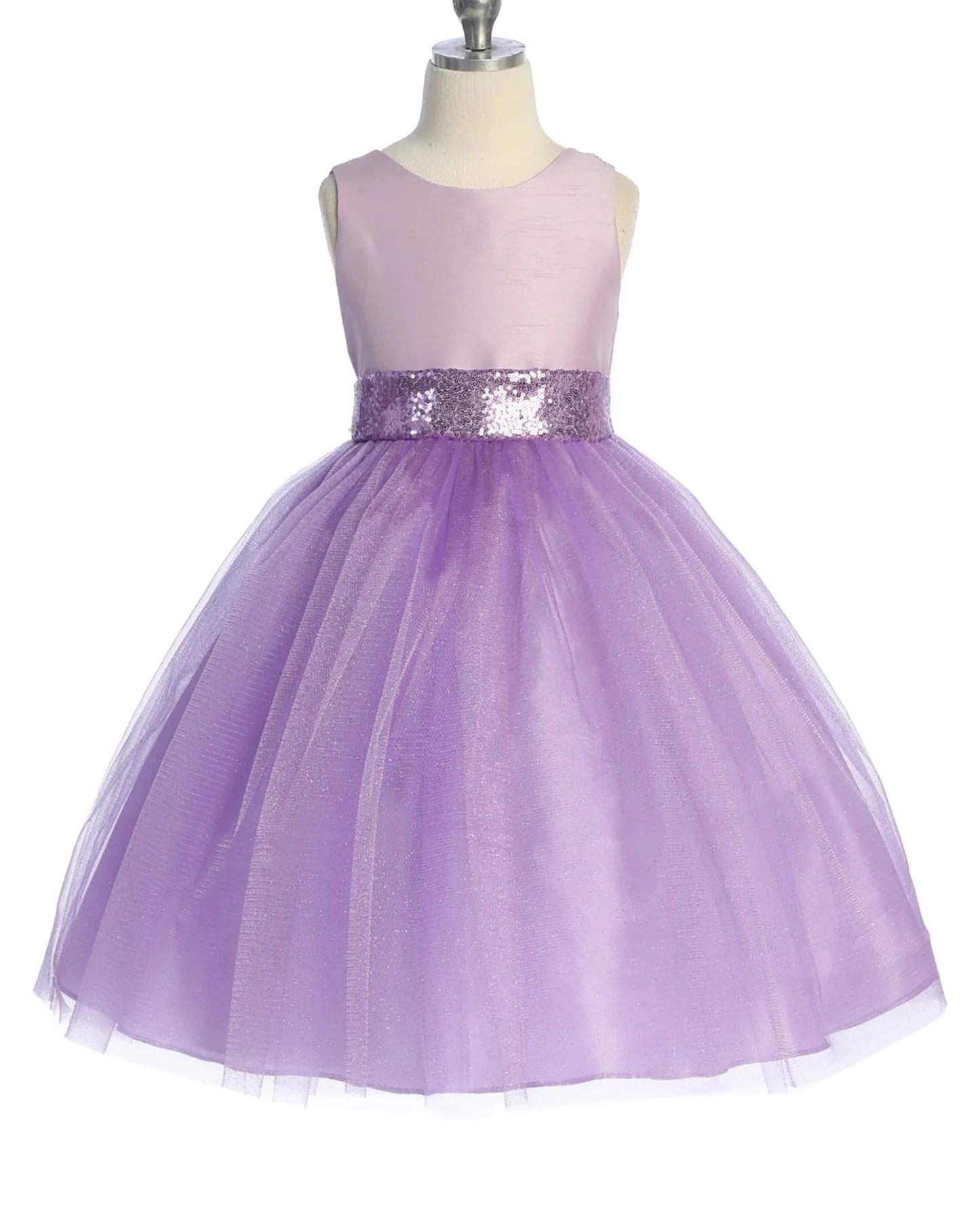 Lavender flower girl dress with a sequined waistband.