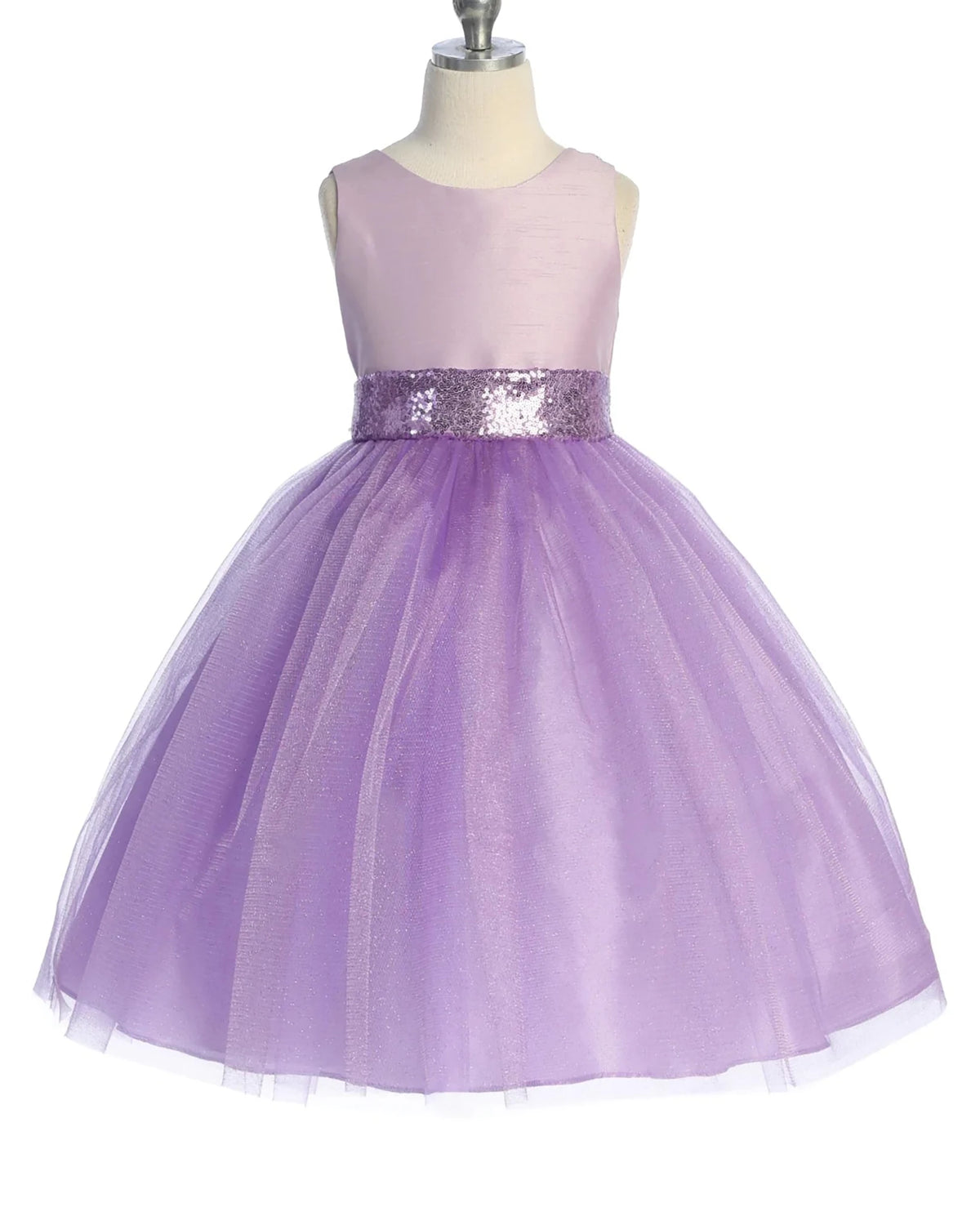 Lavender flower girl dress with a sequined waistband.