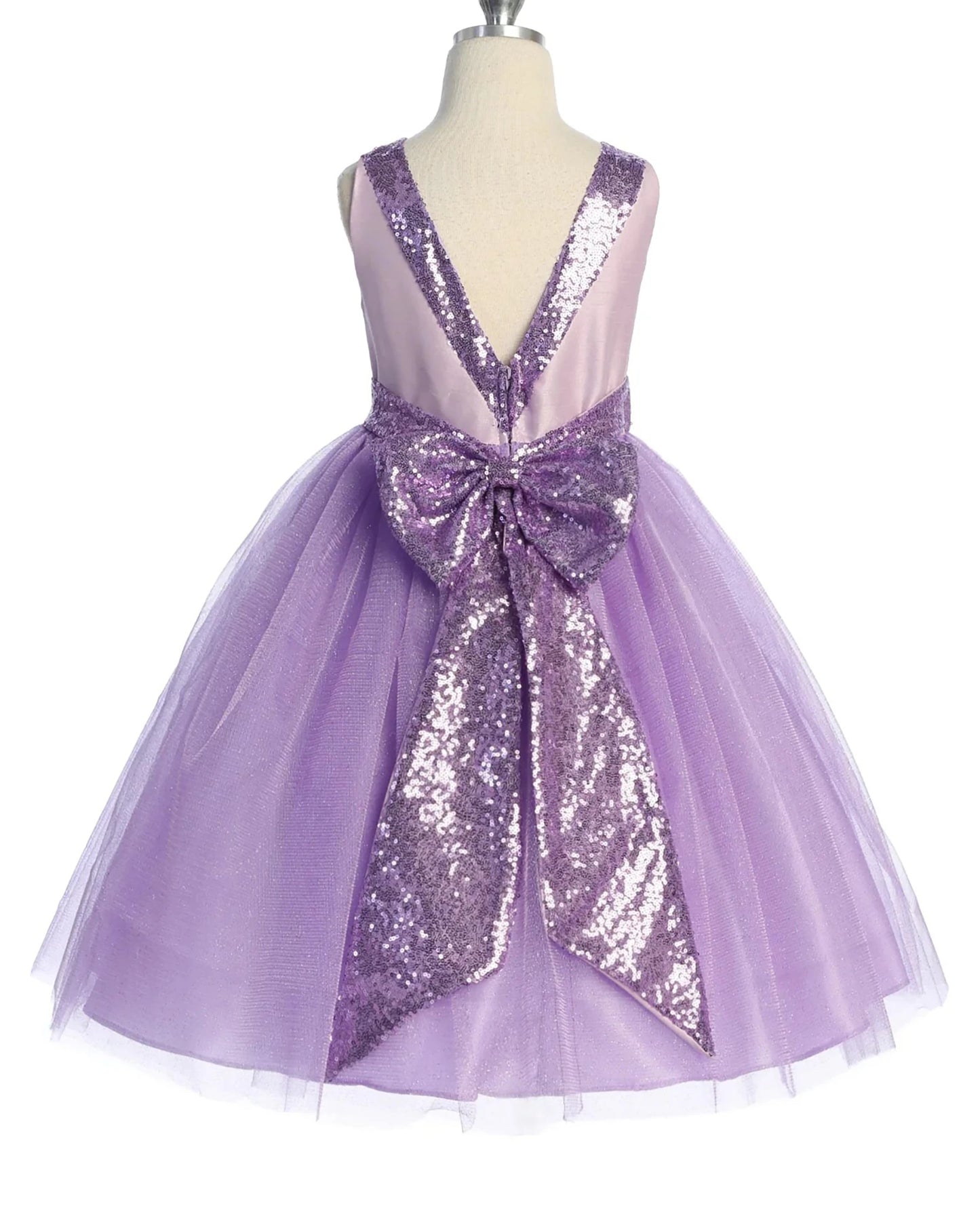 Lilac flower girl dress with sequin details.
