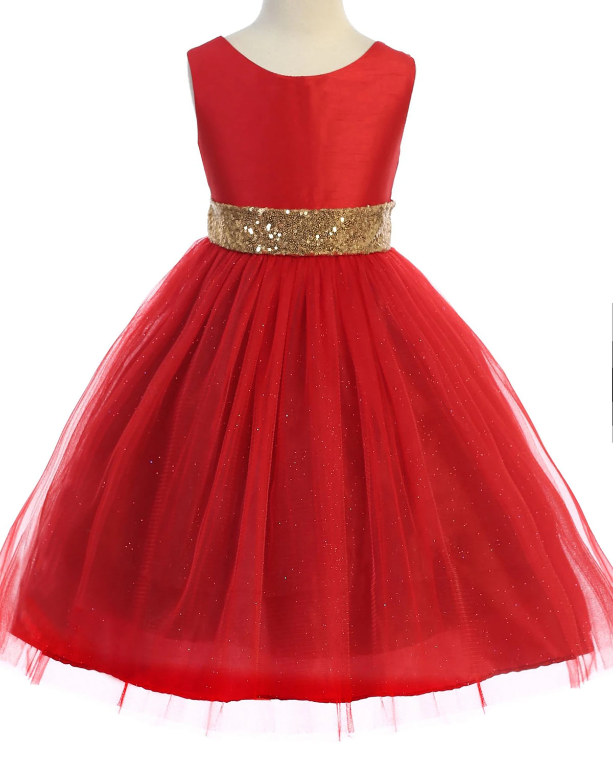 Red flower girl dress with a gold sequin belt.