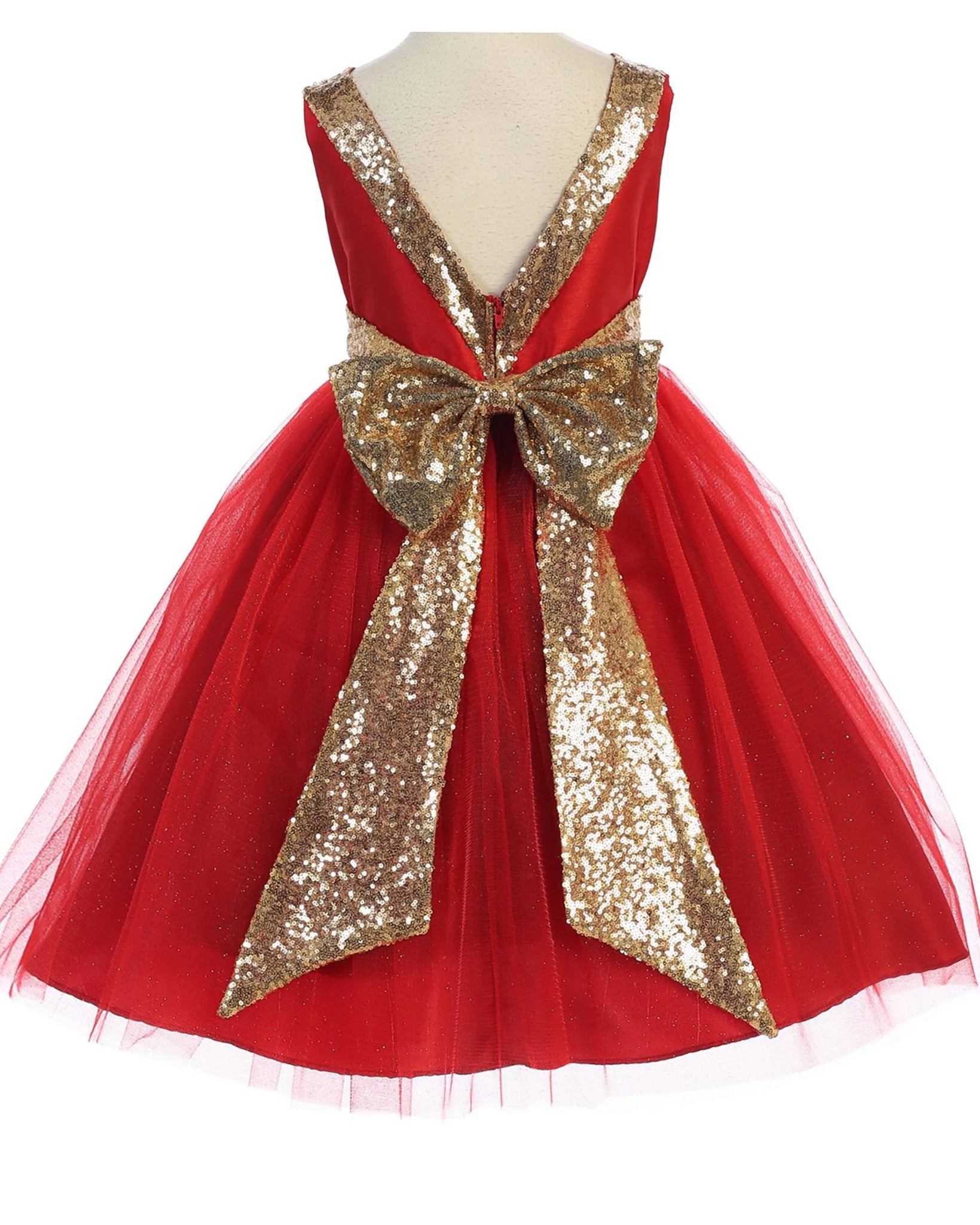 Red flower girl dress with a large gold sequin bow.
