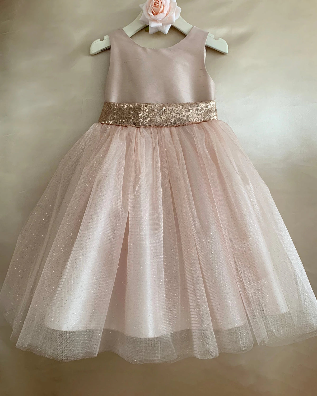 Beige flower girl dress with a gold sequin belt.