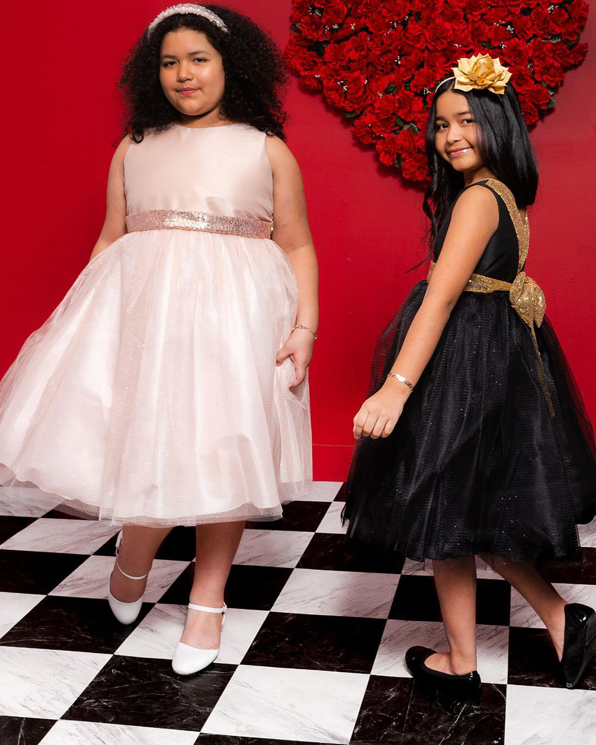 Front view of Rose Gold Sequin V-Back Tulle flower girl dress with Detachable Bow.
