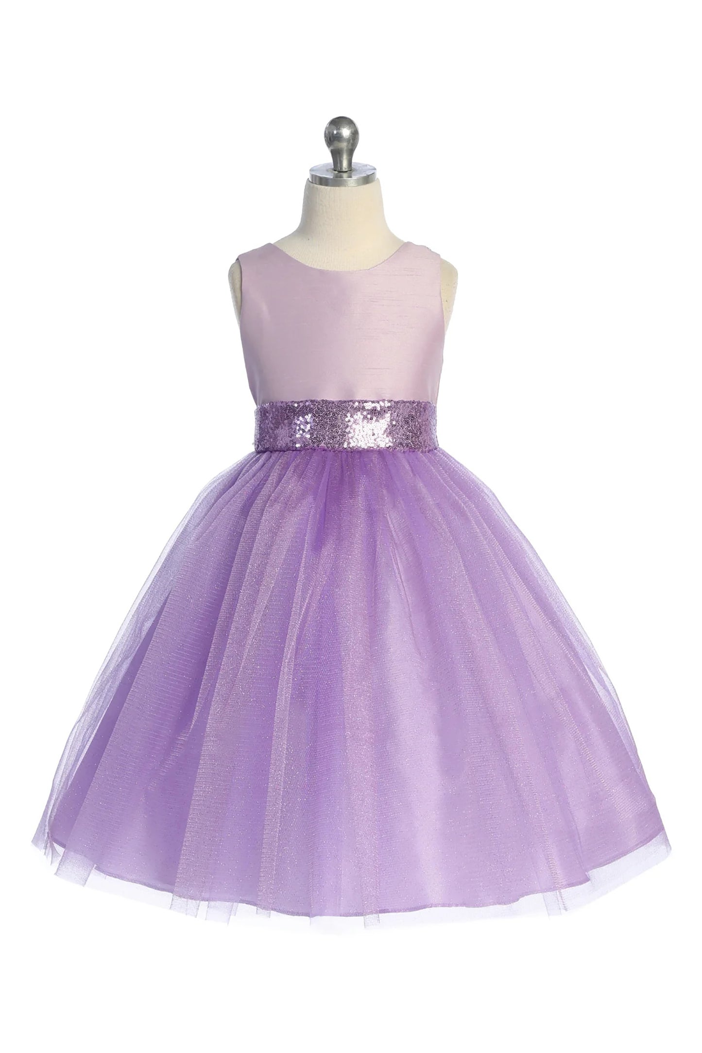 Lilac USA Made | Sequin V-Back Tulle Flower Girl Dress with detachable Ribbon pin - front view of dress