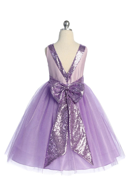 Lilac USA Made | Sequin V-Back Tulle Flower Girl Dress with detachable Ribbon pin - back view of dress with long beautiful bow