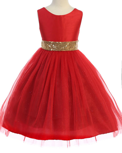 Red dress with a gold sequin belt on a white background