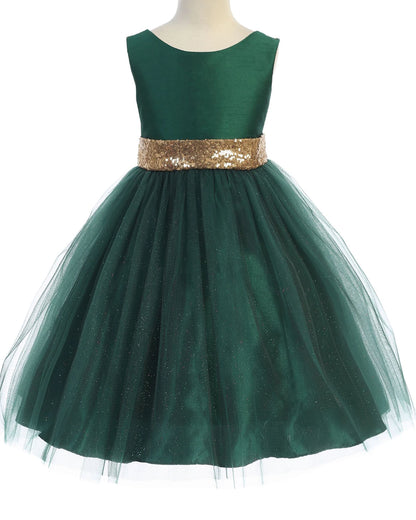 Green dress with a gold sequin belt on a mannequin against a white background
