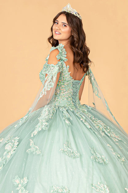 Quinceañera | Sage 3D Flower Appliqué Mesh Sweet 15 Ball Gown with Side Mesh Drapes | Rio dress back zoom