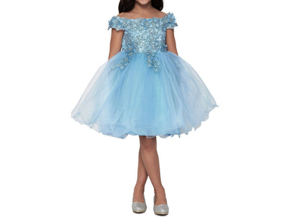 Sky Blue Off the shoulder Embedded 3D Floral & Rhinestones Sparkling Glitter Tulle Flower Girl Dress - front view of girl wearing dress