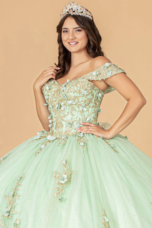 Quinceañera | Sage 3D Flower Appliqué Sweetheart Neckline Mesh Sweet 15 Ball Gown side zoom