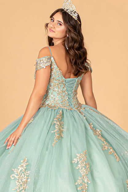 Quinceañera | Sage Gold Embroidered Mesh Sweet 15 Ball Gown | Reyna dress back zoom