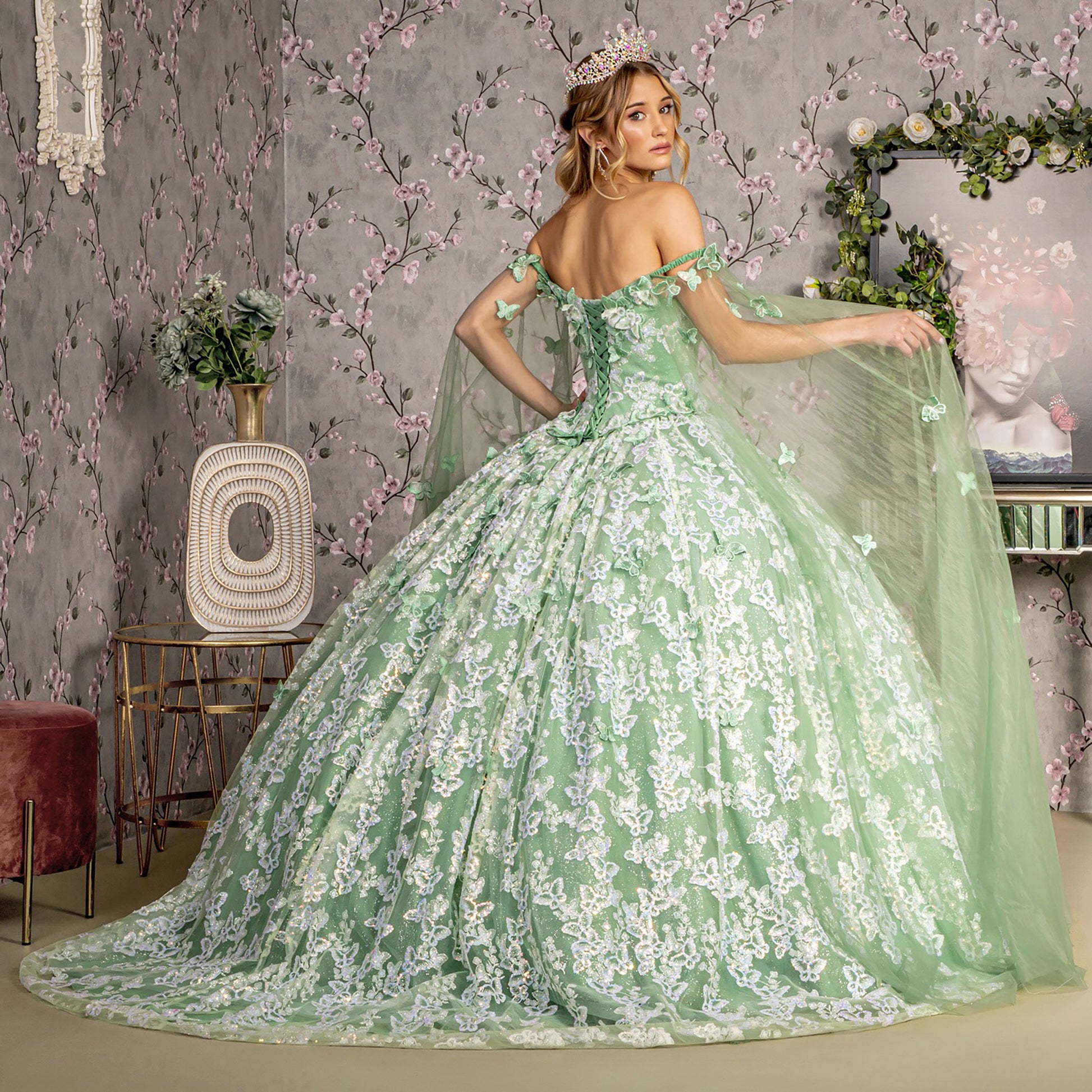 Sage Ball Gown Jewel Butterfly Appliques and Long Sheer Sleeve American Stride Sage Ball Gown Jewel Butterfly Appliques and Long Sheer Sleeve American Stride