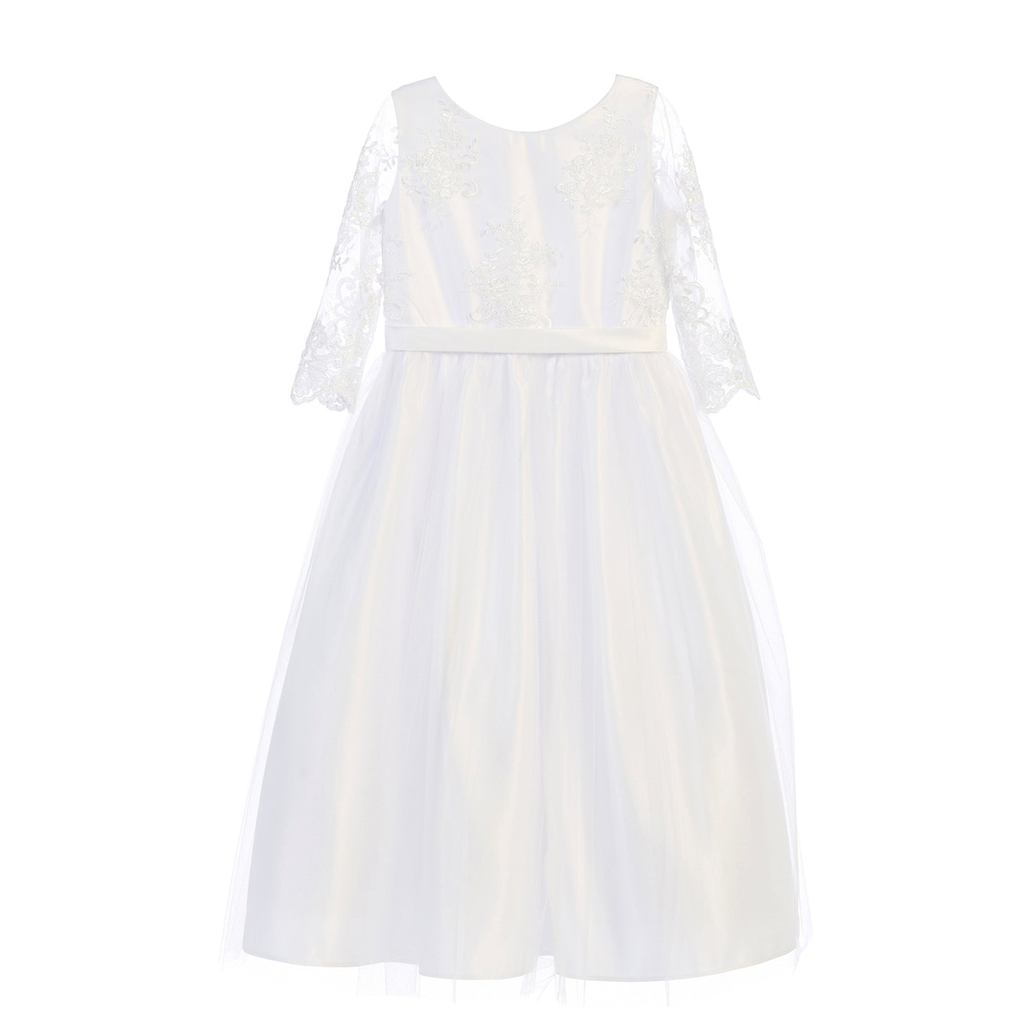 USA Made White Lace Flower Girl Dress | Ankle Length 3/4 Sleeve Embroidered Tulle Dress | First Communion Dress
