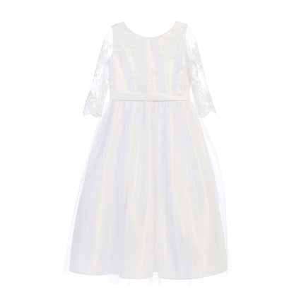 USA Made White Lace Flower Girl Dress | Ankle Length 3/4 Sleeve Embroidered Tulle Dress | First Communion Dress