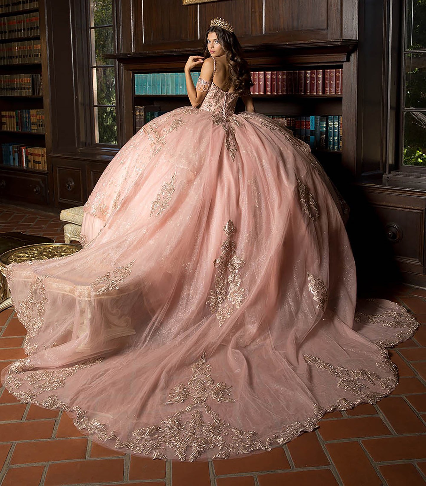 Quinceañera | Rose Gold Off Shoulder Epaulets Sleeve with Detachable Cathedral Tulle Train Quince Ball Gown back view