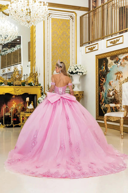 Woman standing back-facing in pink quinceañera ball gown with off-shoulder floral appliqué sleeves, lace-up sheer corset bodice, embroidered skirt accents, and flowing train