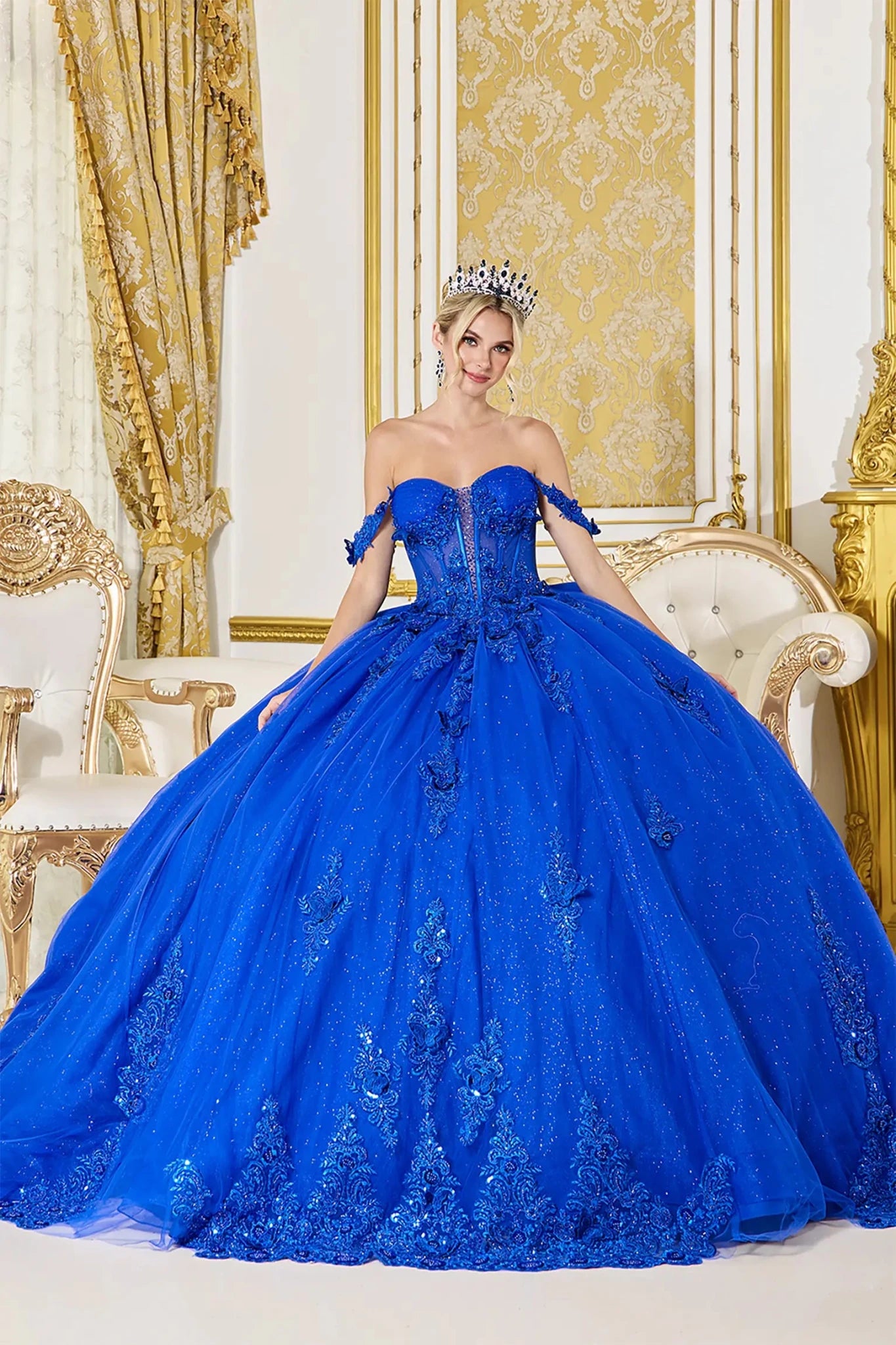 Royal Blue Quinceañera Dress Off-Shoulder Floral Applique 2XL / Blue
