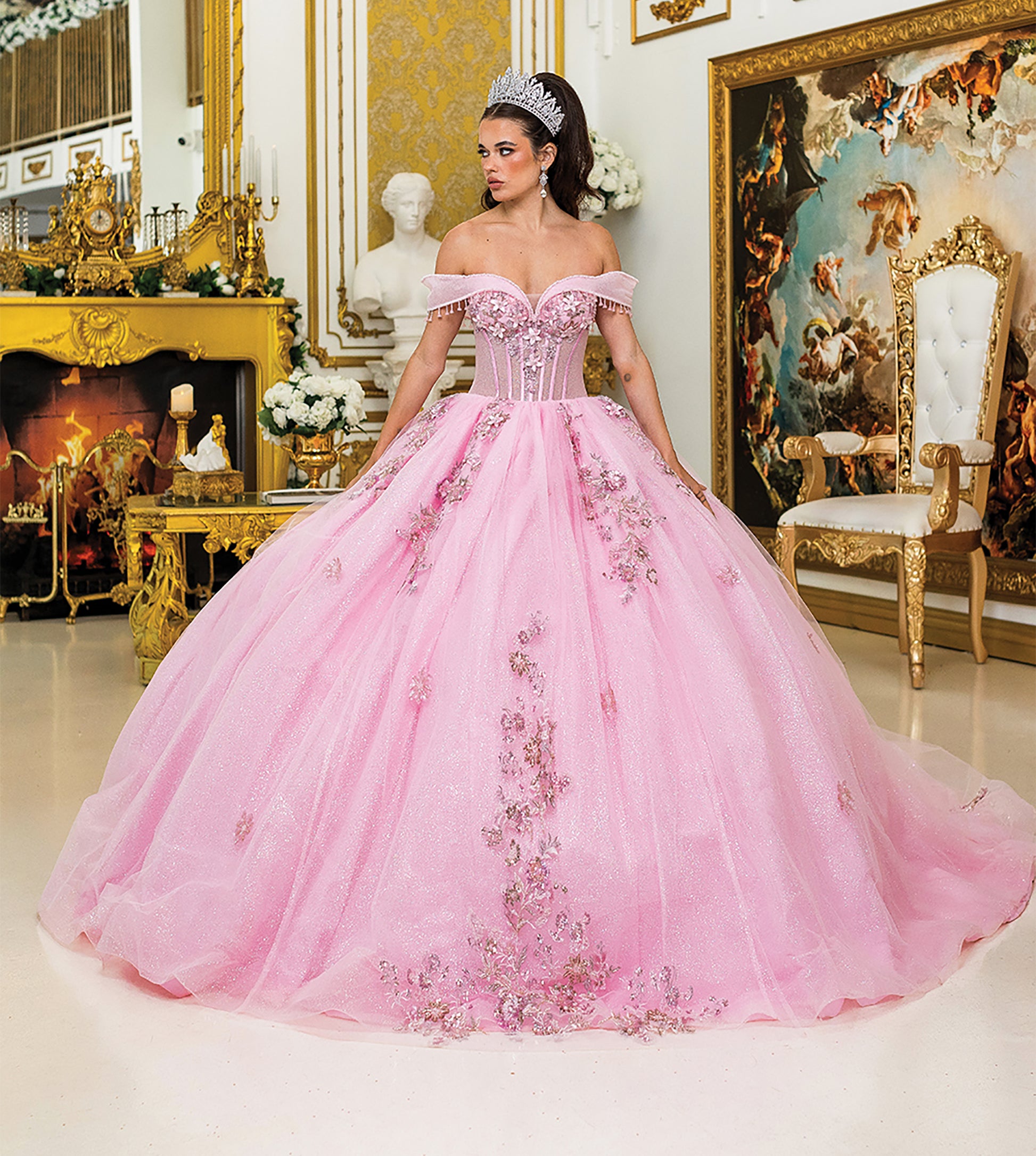 Quinceañera | Pink Off-Shoulder Beaded Fringe Sleeves and Glitter Tulle Skirt Ball Gown | Ximena dress front