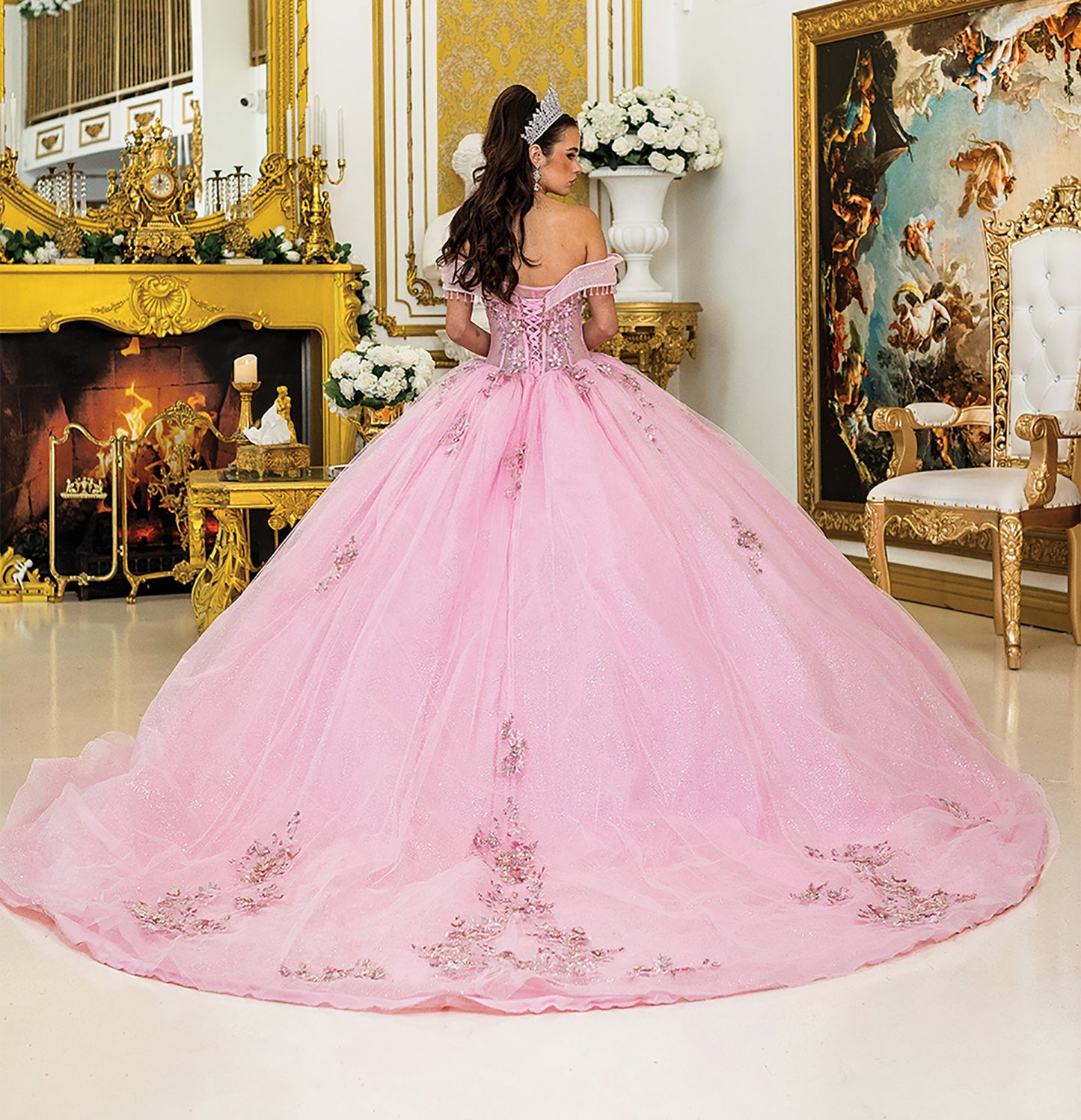 Quinceañera | Pink Off-Shoulder Beaded Fringe Sleeves and Glitter Tulle Skirt Ball Gown | Ximena dress back 