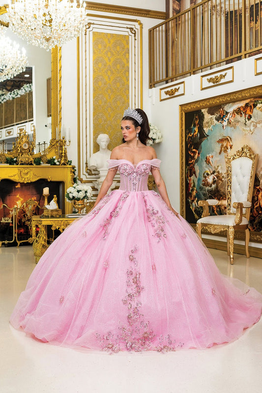 Woman standing front-facing in pink quinceañera ball gown with off-shoulder beaded fringe sleeves, sheer corset bodice, 3D floral appliqués, and glitter tulle layered skirt