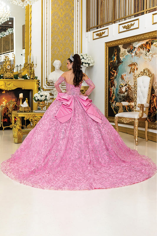 Quinceañera | Pink Ball Gown with Sweetheart Neckline, Sheer Sleeves, and Glitter Tulle Skirt | Anabel dress back view