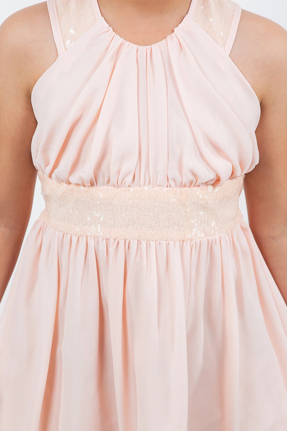 Accented a sparkling sequin waistband adds character to this Blush kids party dress.