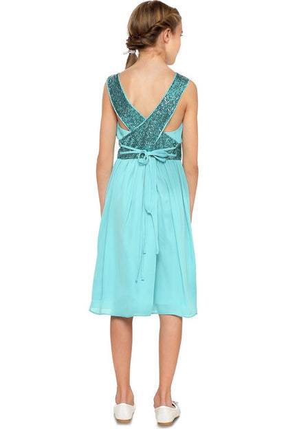 Crisscross sequined straps and a waist bow finish the Jade kids party dress at the back.