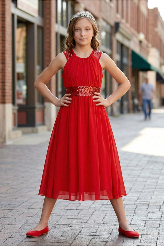 Showcasing with a sparkling sequin waistband, this Red kids party dress displays elegant detail.