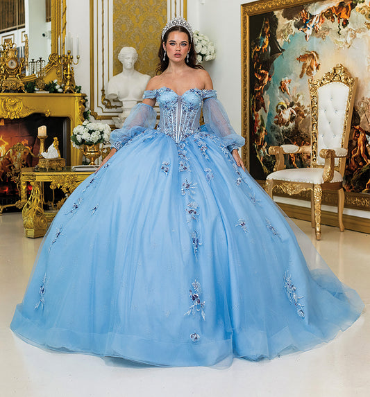 Quinceañera | Blue Ball Gown with Sheer Off-the-Shoulder Sleeves and Structured Corset Bodice | Nerea dress front