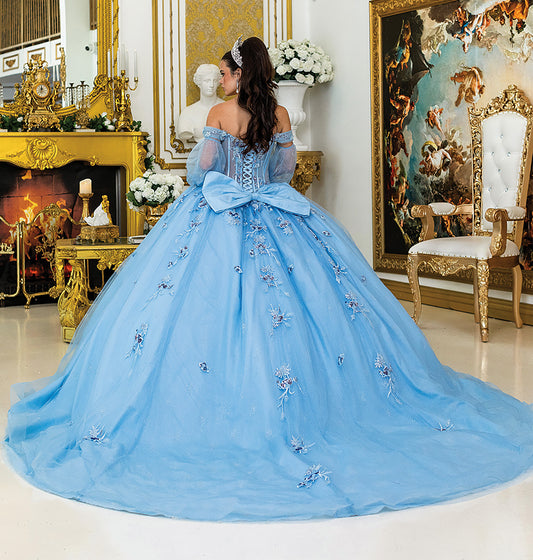 Quinceañera | Blue Ball Gown with Sheer Off-the-Shoulder Sleeves and Structured Corset Bodice | Nerea dress back view