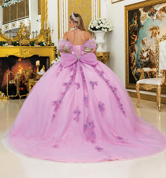 Quinceañera | Lilac Blush Off-the-Shoulder Sheer Sleeves, 3D Floral Appliques, and Layered Tulle Skirt | Amapola dress back