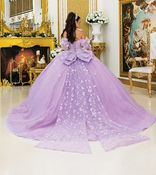 Quinceañera | Lilac Off-Shoulder, 3D Floral Appliques and Tulle Skirt | Jovita dress back view