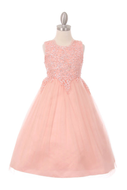Blush flower girl dress with pearl sequins and a full tea-length tulle skirt.
